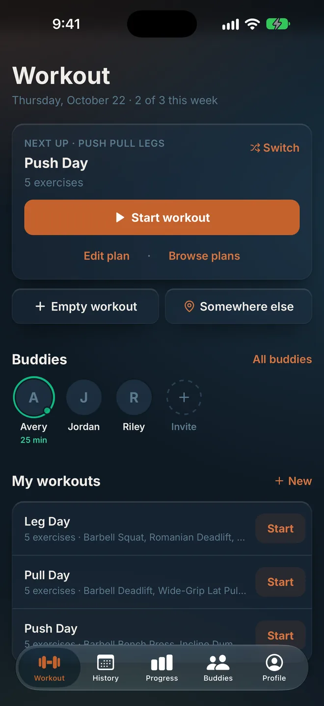 Diving Board screen: Your next workout, ready to go