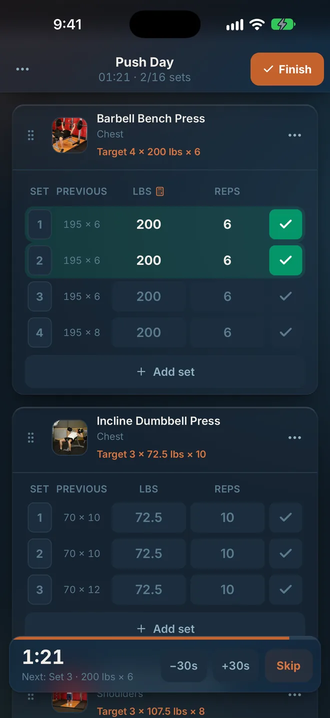 Diving Board screen: Log a set in a tap, with the rest timer running