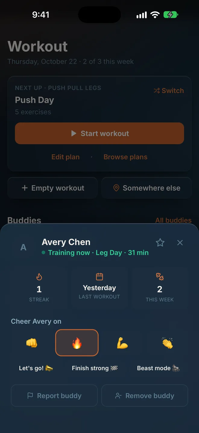 Diving Board screen: Cheer a buddy who is training now