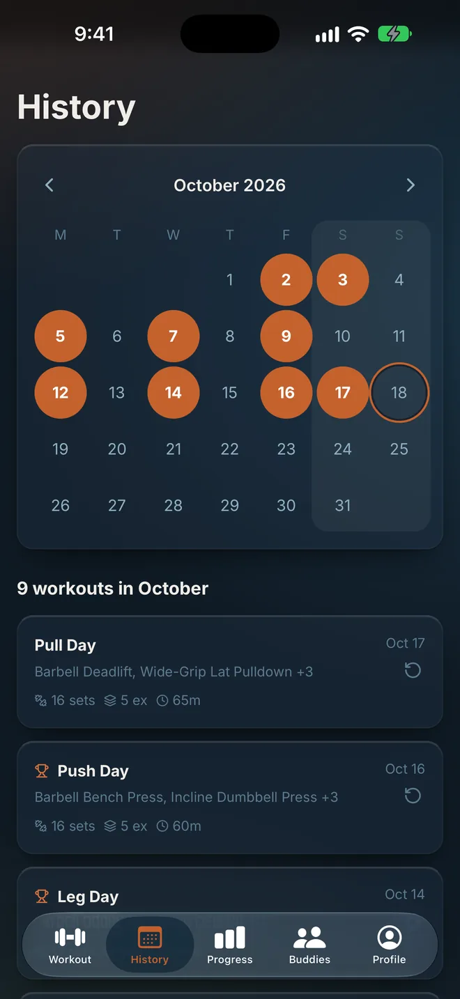 Diving Board screen: Workout history calendar