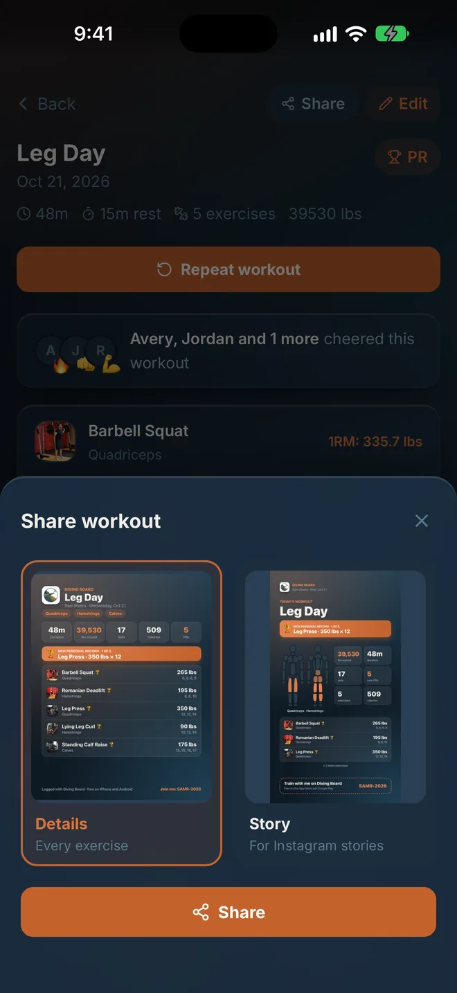 Diving Board screen: Share a workout as a card