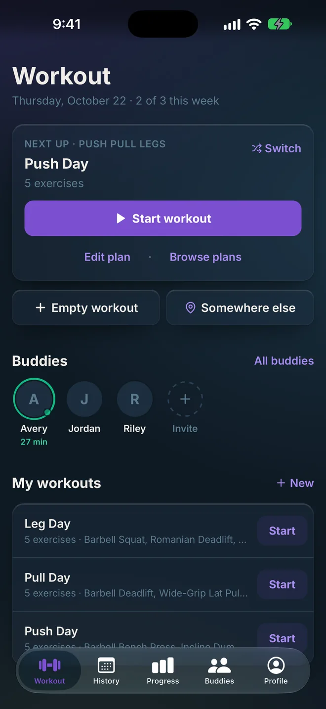 Diving Board screen: The app in the Violet theme color