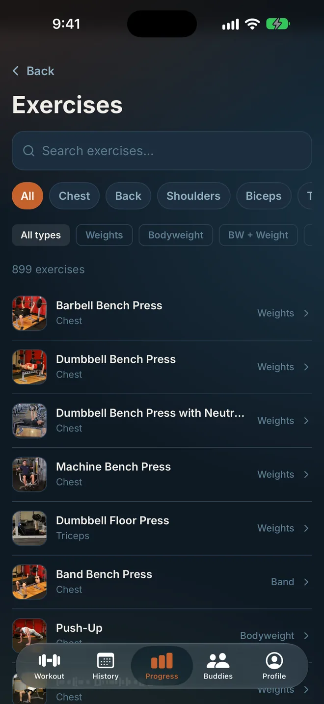 Diving Board screen: Exercise library
