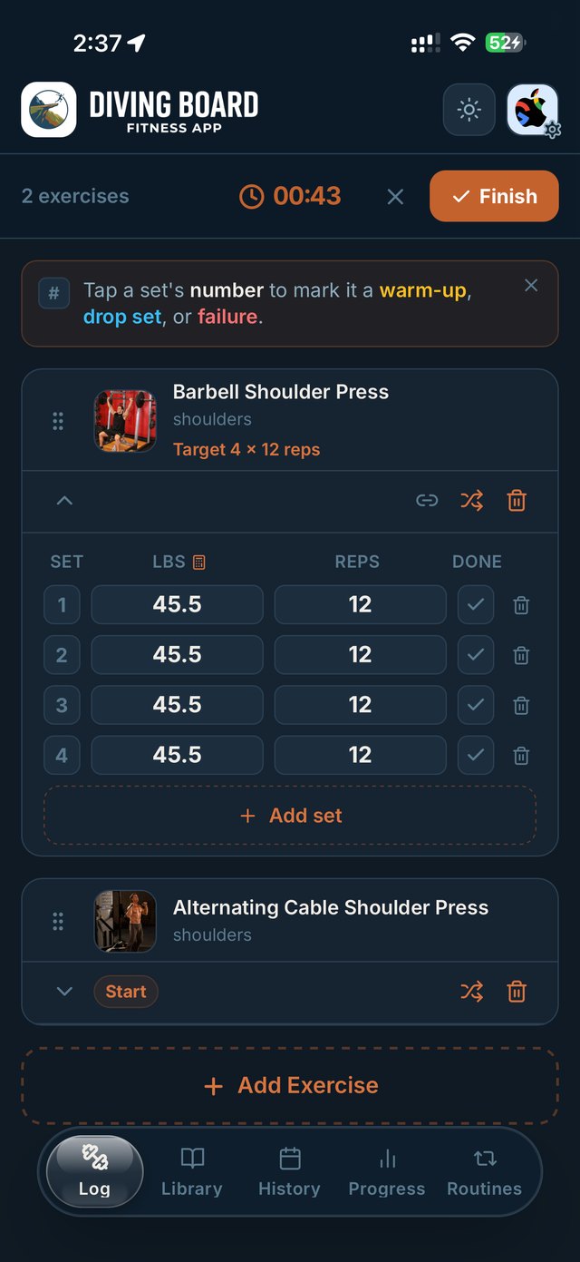 Logging sets during an active workout