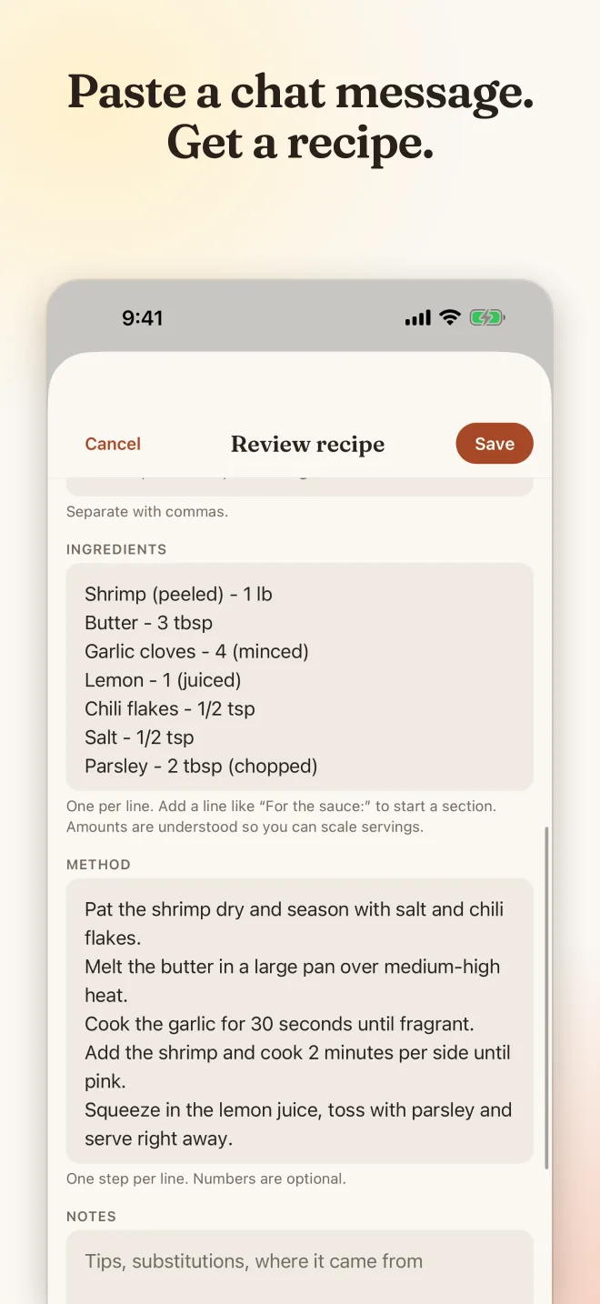 Lemon Chilli screen: Paste a chat message. Get a recipe.